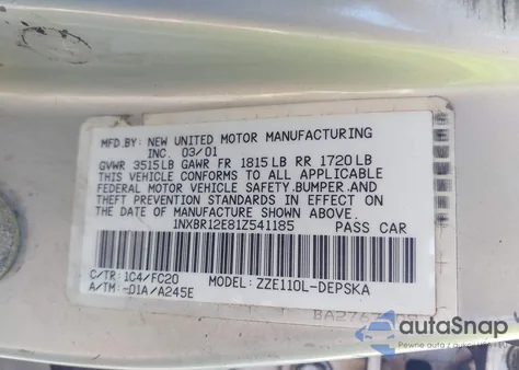 2001 Toyota Corolla S z USA, uszkodzony, nr VIN 1NXBR12E81Z541185